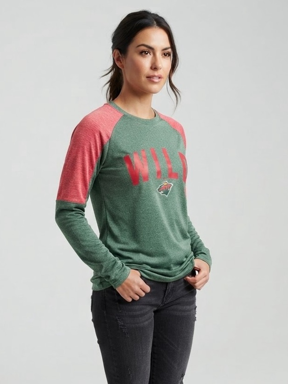Official NHL Minnesota Wild Long Sleeve Shirt Heather Green Red Size S Hockey